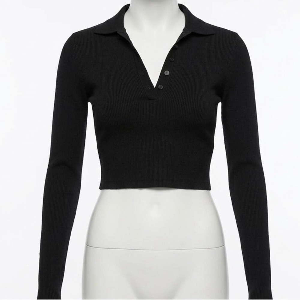 Zara Black Ribbed Knit Long Sleeve Cropped Basic Polo Top Women’s Large - Picture 7 of 8
